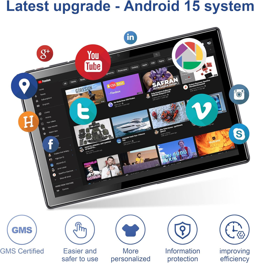 Tablette tactile BYYBUO Android 15, 10,1 pouces avec étui, 8 Go de RAM, 64 Go de ROM, processeur quadricœur, batterie 5000 mAh, écran tactile IPS FHD 1280 x 800, double caméra 5 MP + 8 MP, Bluetooth, Wi-Fi, boîtier en métal, SMARTPAD A10_L