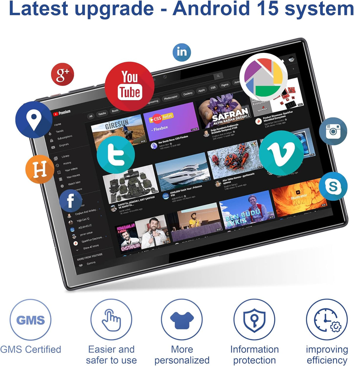 Tablette tactile BYYBUO Android 15, 10,1 pouces avec étui, 8 Go de RAM, 64 Go de ROM, processeur quadricœur, batterie 5000 mAh, écran tactile IPS FHD 1280 x 800, double caméra 5 MP + 8 MP, Bluetooth, Wi-Fi, boîtier en métal, SMARTPAD A10_L