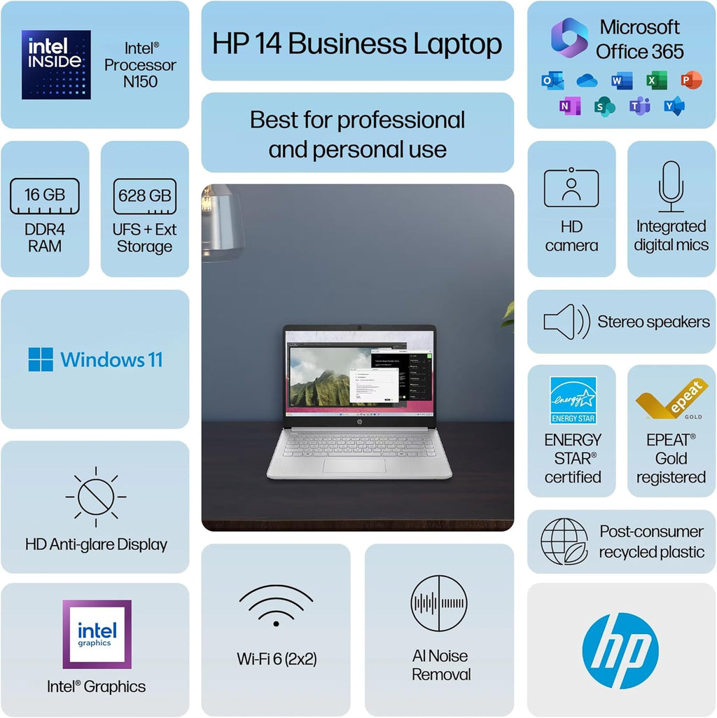 Ordinateur compact portable HP 14 2025 Ultra Léger, AI Copilot Étudiant Professionnel, Processeur Intel Quad-Core, 16 Go de RAM, 628 Go de stockage (128 Go UFS + 500 Go extensible), 1 an d'abonnement à Office 365, Autonomie de 12 heures