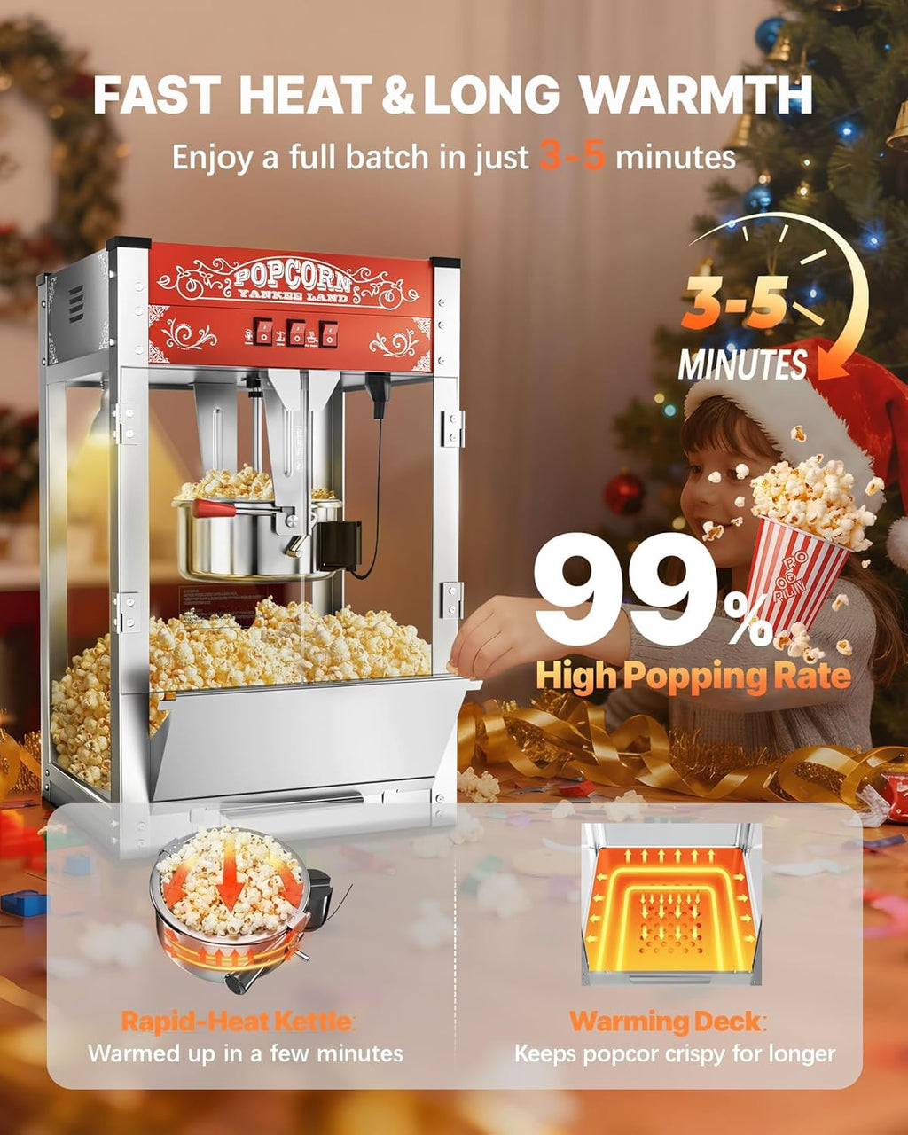 Machine à popcorn commerciale 16 oz, 1440 W, machine à popcorn de cinéma, machine à popcorn de table rouge dotée de commande à 3 interrupteurs et portes en verre trempé à cadre en acier