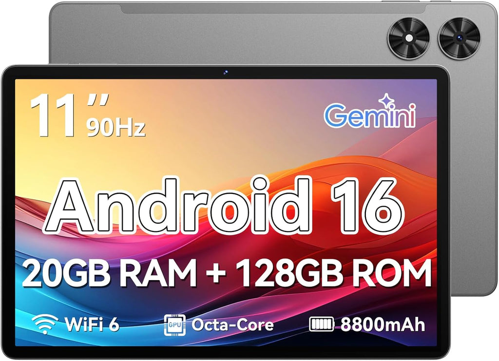 Tablette tactile 11 pouces, Android 16, processeur octocœur, 20 Go de RAM, 128 Go de ROM extensible jusqu'à 1 To, écran tactile IPS 1280 x 800, GPS, autonomie de 8 h, Wi-Fi 6, Bluetooth 5.2, double caméra 8 MP + 13 MP (Gris)
