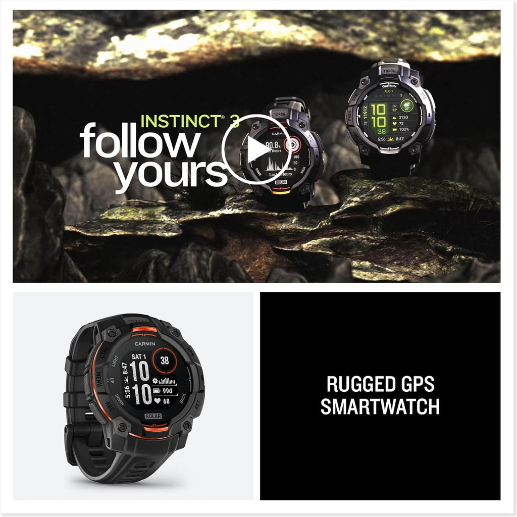 Présentation : Garmin Instinct® 3 45 mm, montre connectée GPS robuste pour l'extérieur, avec écran solaire, lunette renforcée en métal et lampe torche intégrée, couleur noire.