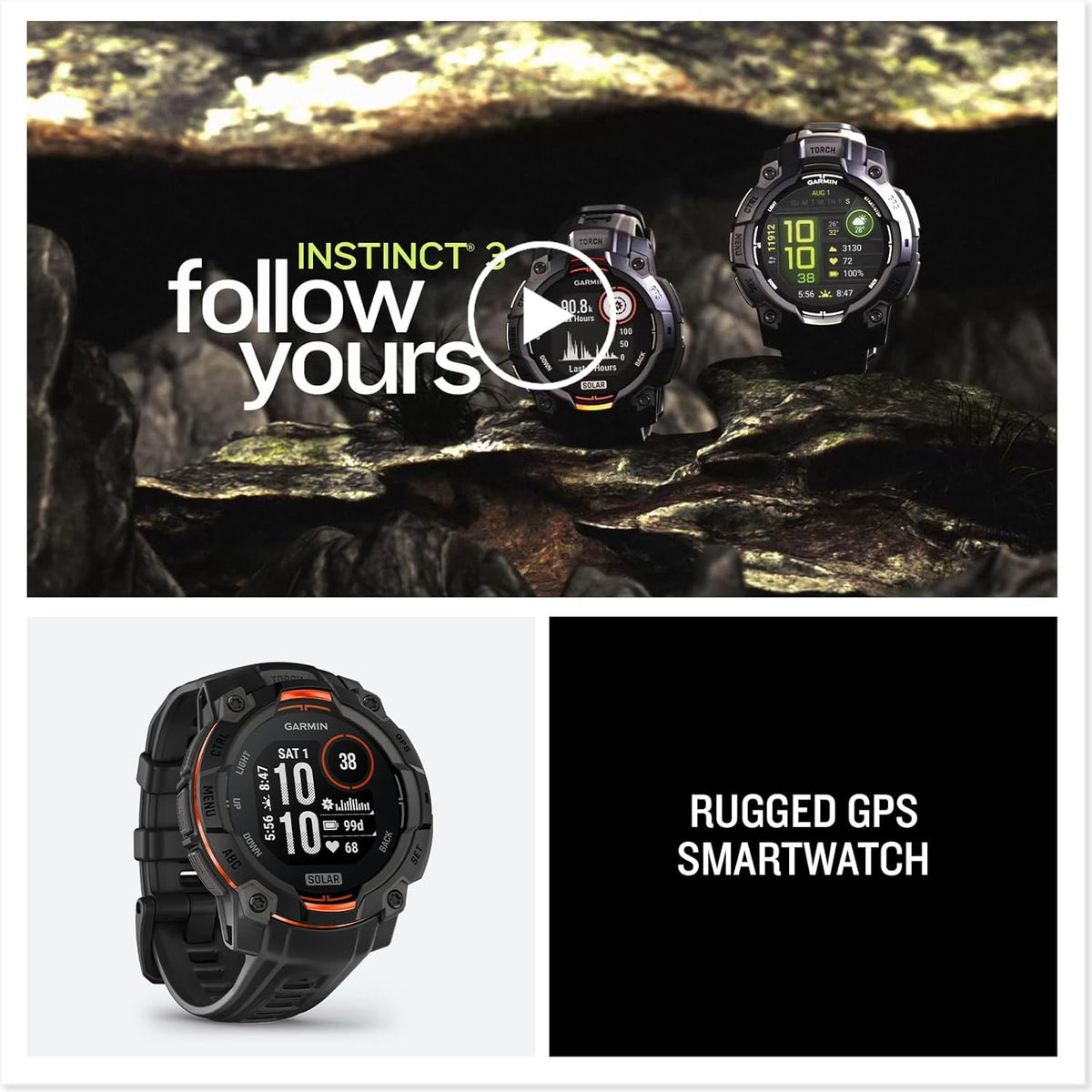 Présentation : Garmin Instinct® 3 45 mm, montre connectée GPS robuste pour l'extérieur, avec écran solaire, lunette renforcée en métal et lampe torche intégrée, couleur noire.