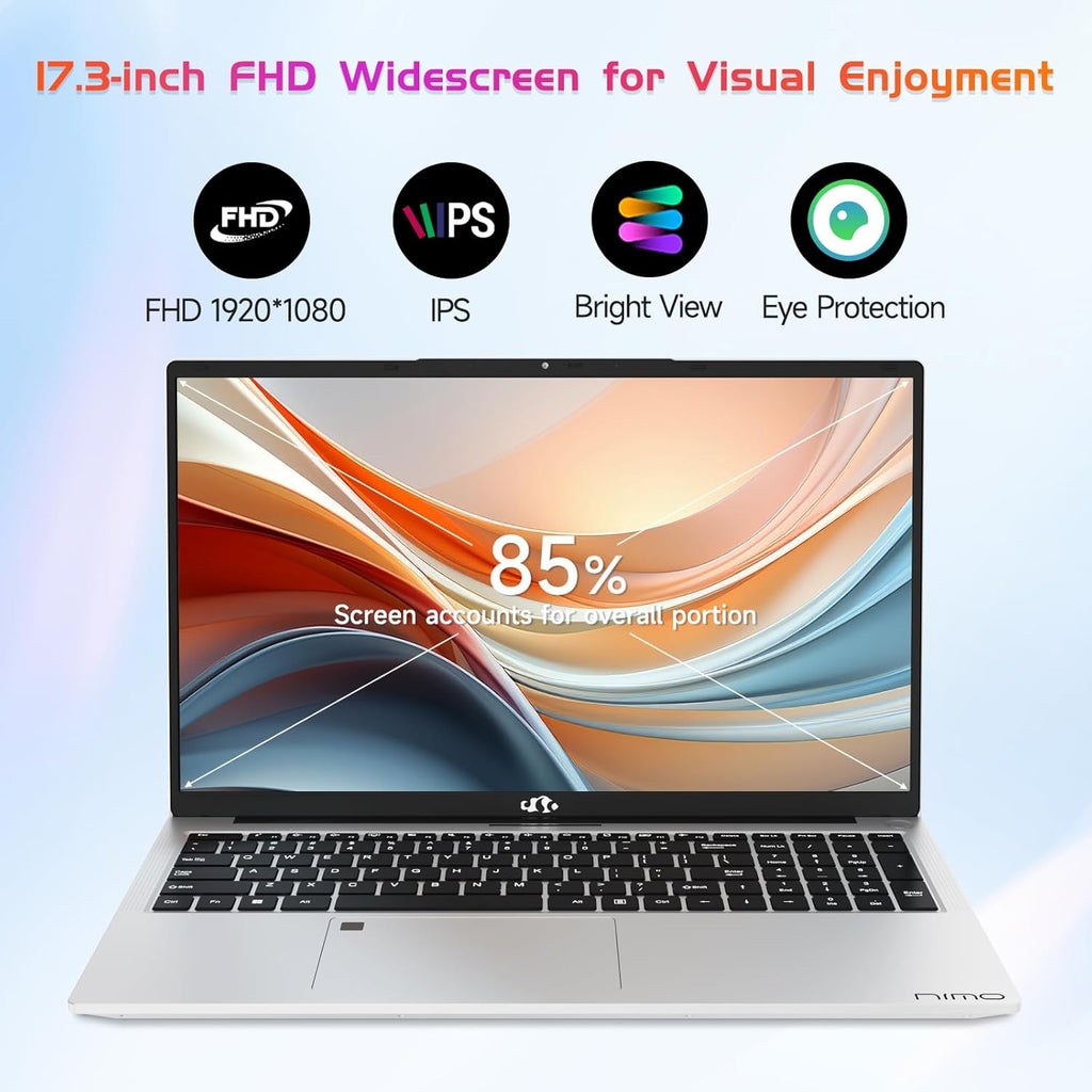 Ordinateur compact portable NIMO 17,3" FHD IPS, processeur Intel Core i3-1215U (plus performant qu'un i5-1135G7), 16 Go de RAM, SSD de 512 Go, Windows 11 Famille, Wi-Fi 6, clavier rétroéclairé, lecteur d'empreintes digitales, port USB-C, charge
