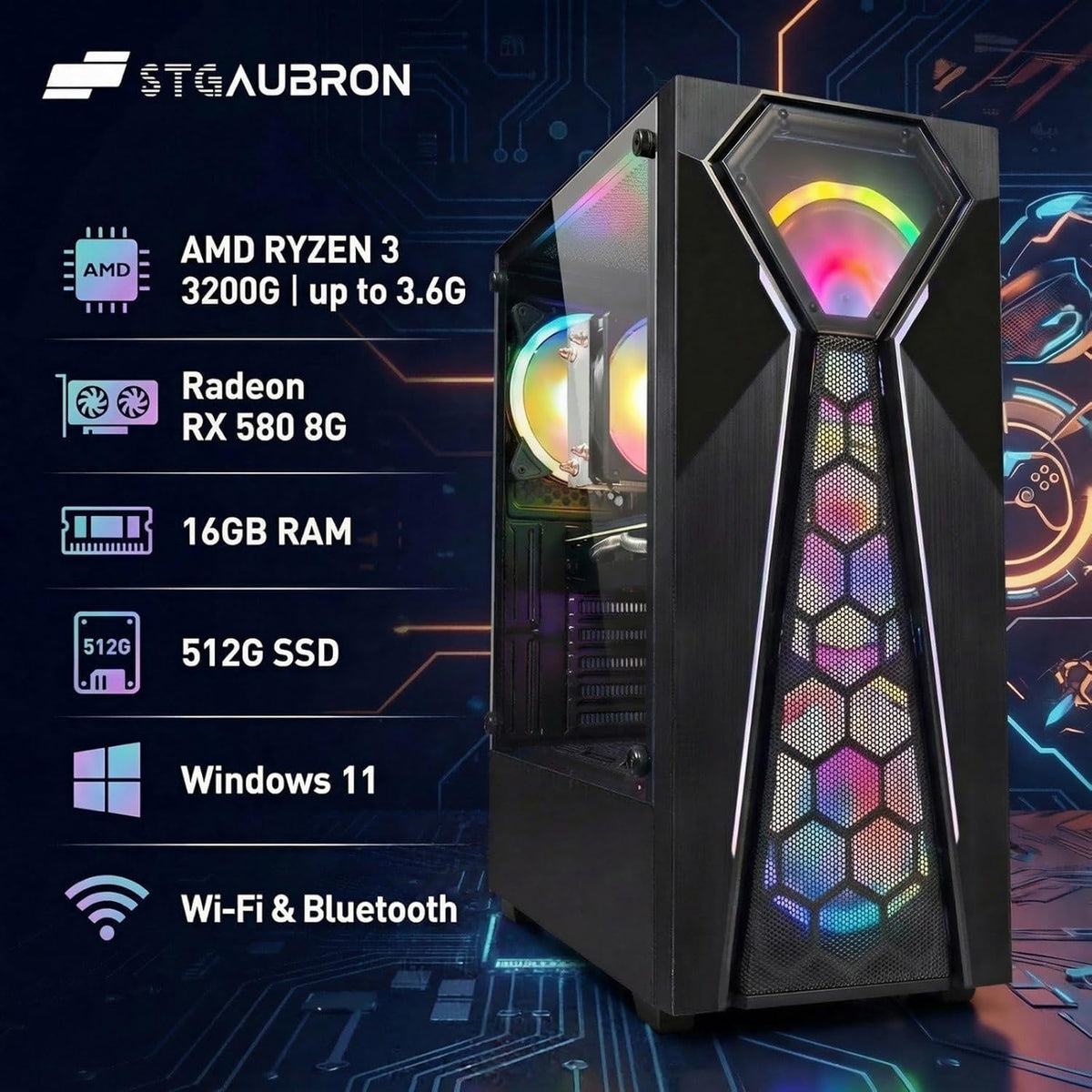 Ordinateur de bureau gaming STGAubron : processeur AMD Ryzen 3 3200G 3,6 GHz, carte graphique Radeon RX 580 (8 Go ou 16 Go de RAM), SSD 512 Go, Wi-Fi 6, Bluetooth 5.0, 4 ventilateurs RGB, Windows 11 Famille. – Modèle pratique