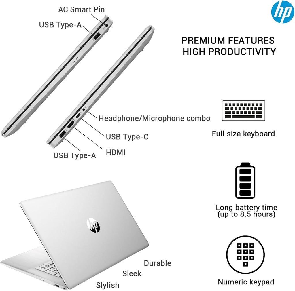 Ordinateur compact portable HP 17 Essential : PC professionnel 17,3 pouces IPS FHD, processeur AMD Ryzen 5 à 6 cœurs, 32 Go de RAM, 1,5 To de stockage (1 To SSD + 500 Go d’extension), Windows 11 Pro, Copilot AI, suite Office à vie, HubxcelAccessory