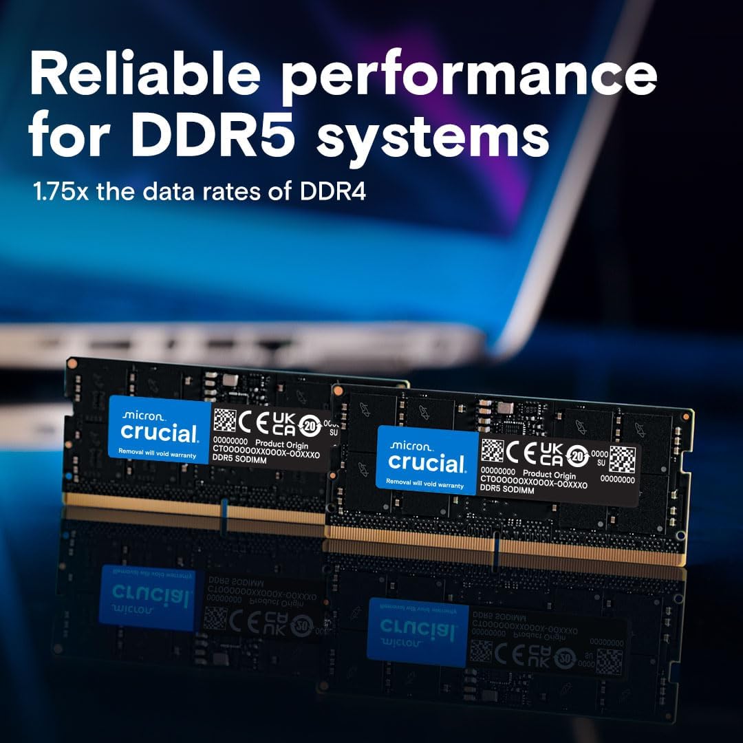 Kit de mémoire vive Crucial DDR5 64 Go (2 x 32 Go), 4 800 MHz CL40 pour ordinateur compact portable - SODIMM 262 broches - Compatible avec les processeurs Intel Core de 12e génération - CT2K32G48C40S5