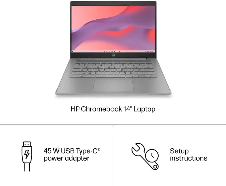 Ordinateur compact portable HP Chromebook 14 Famille et Étudiant, écran HD antireflet 14 pouces, processeur Intel Celeron N4500, 4 Go de RAM, 64 Go de stockage, port USB-C, Wi-Fi 6, autonomie longue durée, charge rapide, hub ICP