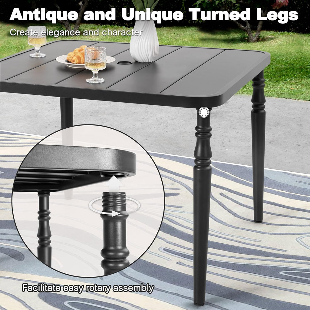 Table de salle à manger d'extérieur NUU GARDEN 94 cm (37 po), table carrée en métal dotée de trou pour parasol, table de patio avec cadre thermolaqué et plateau à lattes, pour jardin, cour et balcon, noire