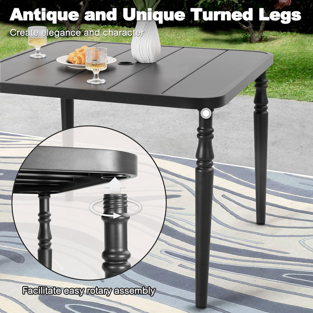 Table de salle à manger d'extérieur NUU GARDEN 94 cm (37 po), table carrée en métal dotée de trou pour parasol, table de patio avec cadre thermolaqué et plateau à lattes, pour jardin, cour et balcon, noire