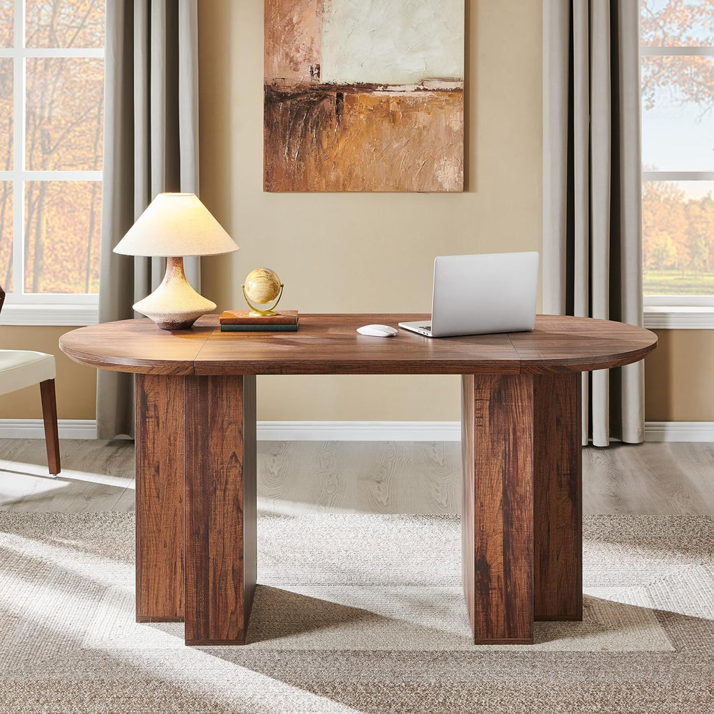 Table de salle à manger ovale moderne en bois OKD de 160 cm (63 pouces) pour 4 à 6 personnes, dotée de piètement stable en forme de T, structure en métal et plateau épais. Table de cuisine robuste, idéale pour la salle à manger ou la cuisine. Finitio