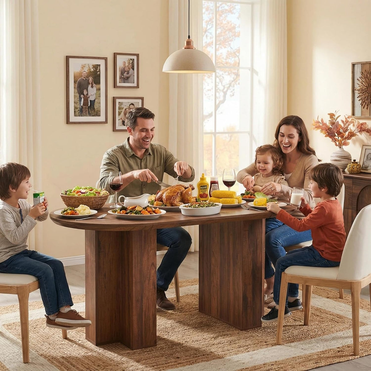 Table de salle à manger ovale moderne en bois OKD de 160 cm (63 pouces) pour 4 à 6 personnes, dotée de piètement stable en forme de T, structure en métal et plateau épais. Table de cuisine robuste, idéale pour la salle à manger ou la cuisine. Finitio