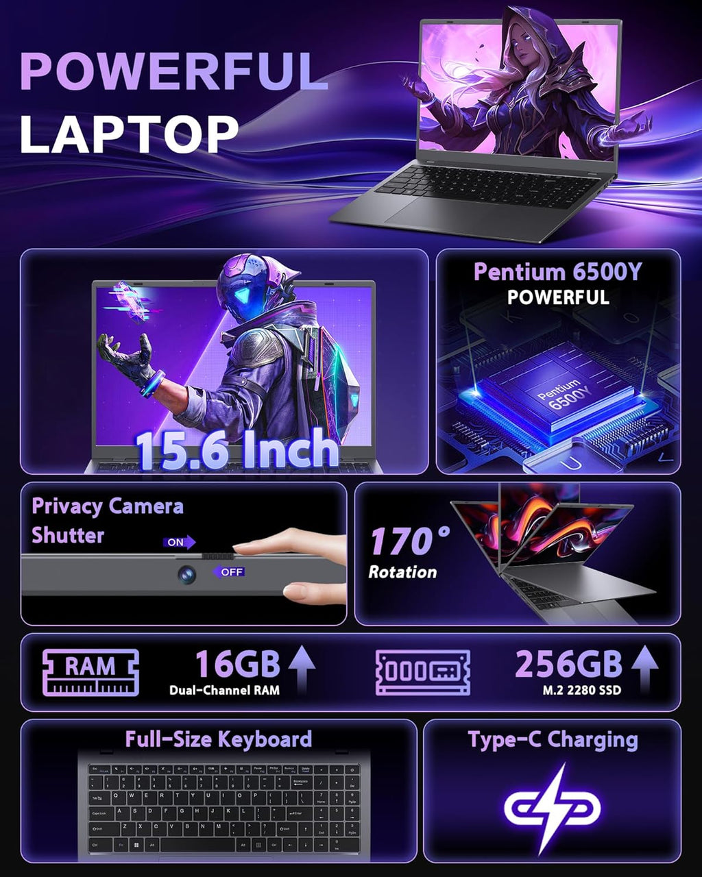 Ordinateur compact portable avec 16 Go de RAM, processeur Pentium 6500Y (plus performant que le N5095 jusqu'à 3,4 GHz), SSD de 256 Go, écran IPS Full HD de 15,6 pouces, ports USB Type-C, USB 3.2 et HDMI, et une autonomie longue durée.