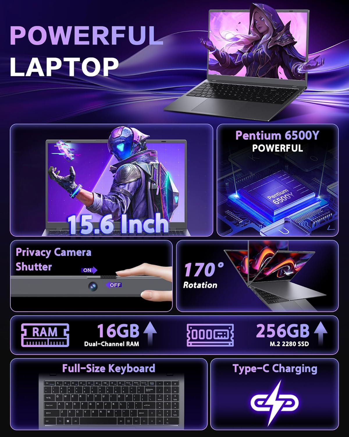 Ordinateur compact portable avec 16 Go de RAM, processeur Pentium 6500Y (plus performant que le N5095 jusqu'à 3,4 GHz), SSD de 256 Go, écran IPS Full HD de 15,6 pouces, ports USB Type-C, USB 3.2 et HDMI, et une autonomie longue durée.