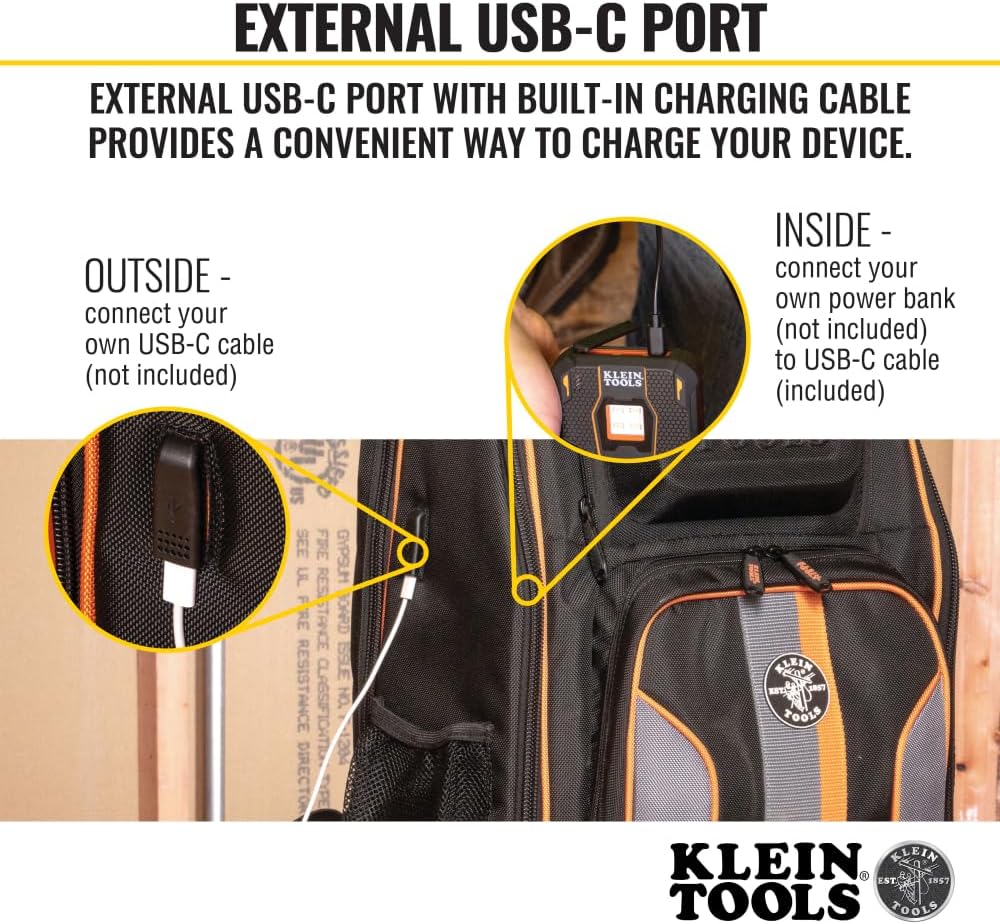 Sac à dos pour ordinateur compact portable Klein Tools 62805BPTECH à 28 poches, sac à outils Tradesman Pro extra-large avec fond moulé et port de chargement