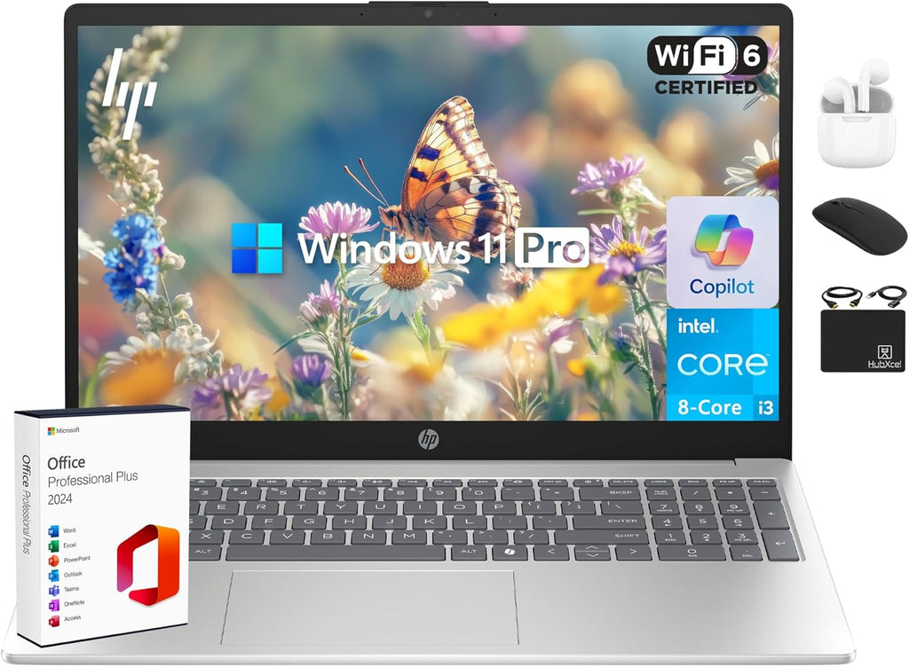 Ordinateur compact portable HP 2025, fleuron professionnel ultra-fin, suite Office à vie, optimisé par l'IA, écran HD 15,6 pouces, processeur Intel i3 à 8 cœurs, 16 Go de RAM, 628 Go de stockage (128 Go UFS + 500 Go extensible), Wi-Fi 6, Copilot