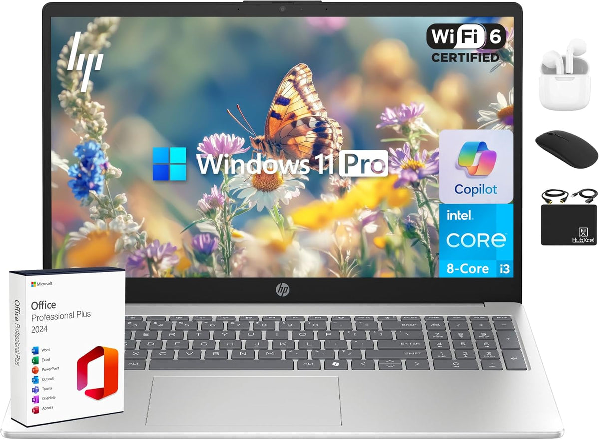Ordinateur compact portable HP 2025, fleuron professionnel ultra-fin, suite Office à vie, optimisé par l'IA, écran HD 15,6 pouces, processeur Intel i3 à 8 cœurs, 16 Go de RAM, 628 Go de stockage (128 Go UFS + 500 Go extensible), Wi-Fi 6, Copilot