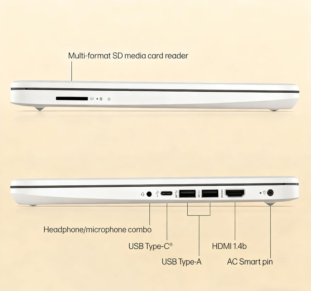 Ordinateur compact portable HP 14 HD - Processeur Intel Celeron, 8 Go de RAM, 64 Go de stockage eMMC - Léger et doté d'une autonomie de 12 h - Design élégant avec de nombreux ports - Webcam et micro intégrés - Idéal pour les professionnels, les