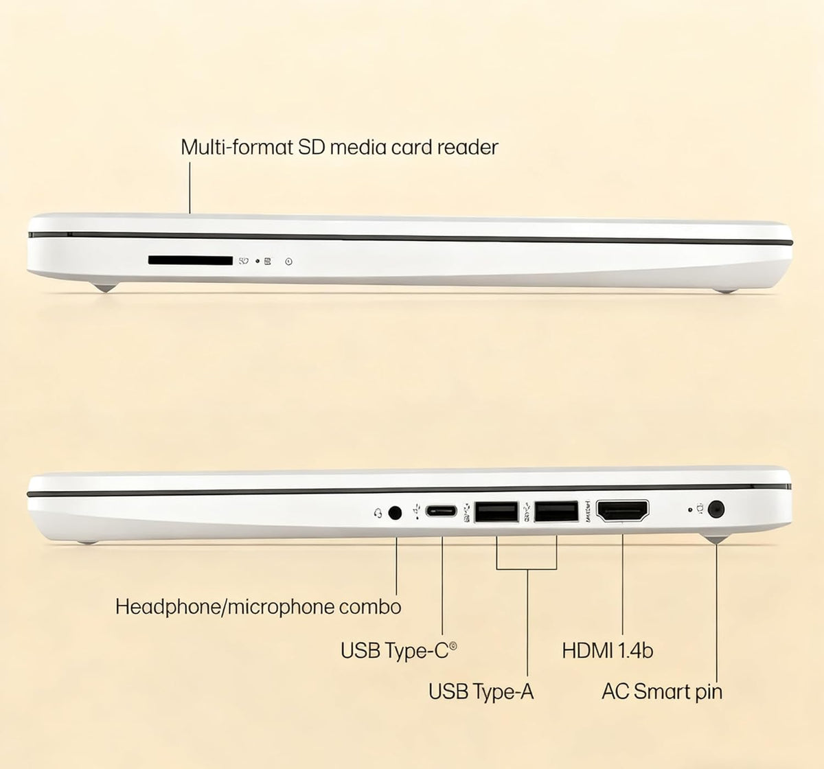 Ordinateur compact portable HP 14 HD - Processeur Intel Celeron, 8 Go de RAM, 64 Go de stockage eMMC - Léger et doté d'une autonomie de 12 h - Design élégant avec de nombreux ports - Webcam et micro intégrés - Idéal pour les professionnels, les