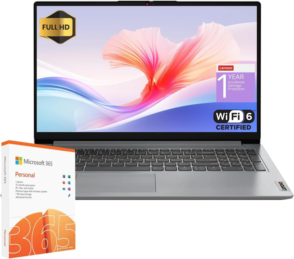 Ordinateur compact portable étudiant Lenovo IdeaPad 1, processeur Intel Dual Core, 8 Go de RAM, 128 Go eMMC + 1 To OneDrive, écran FHD 15,6 pouces, Office 365 à vie pour le Web, Windows 11, webcam avec cache de confidentialité.