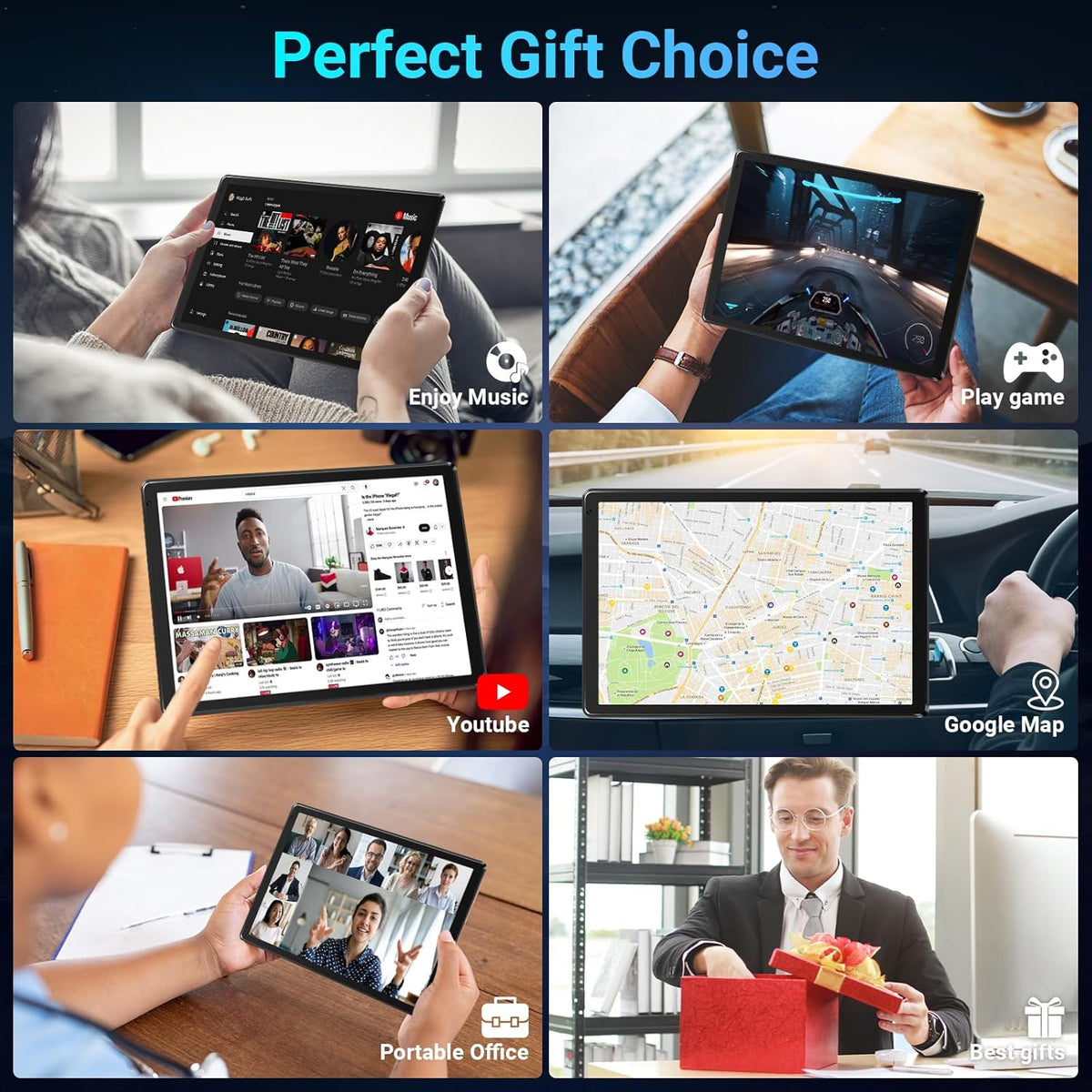 Tablette tactile Android 10,1 pouces, processeur octocœur, 10 Go de RAM + 128 Go de ROM extensible jusqu'à 1 To, écran tactile IPS HD 1280 x 800 (Widevine L1), double caméra 5 MP + 8 MP, déverrouillage facial, batterie 5000 mAh, Wi-Fi 6, Bluetooth 5.