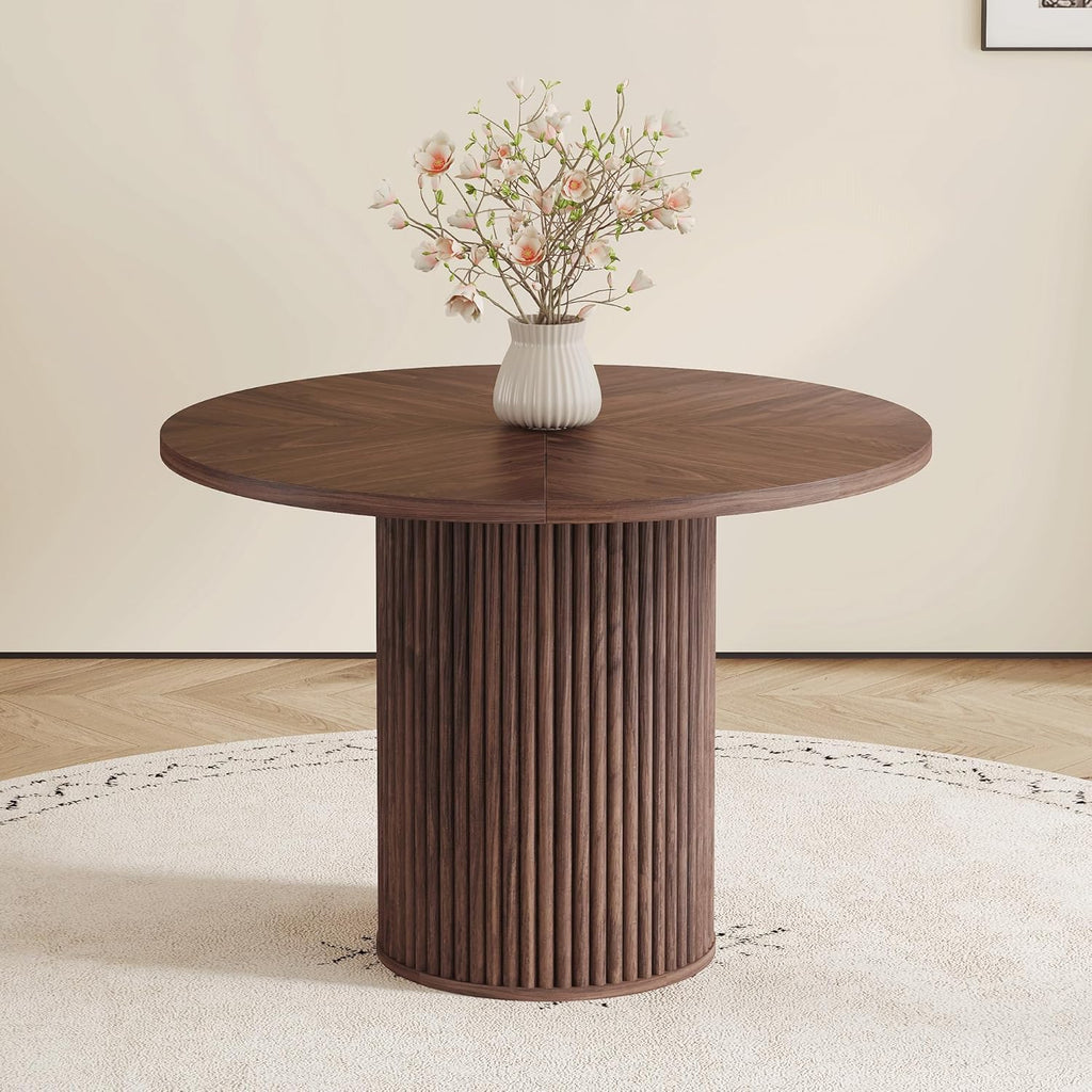 Table de salle à manger ronde de 107 cm dotée de rangement, table ronde moderne avec plateau en bois et piètement cylindrique, table de cuisine ronde peu encombrante pour salle à manger.