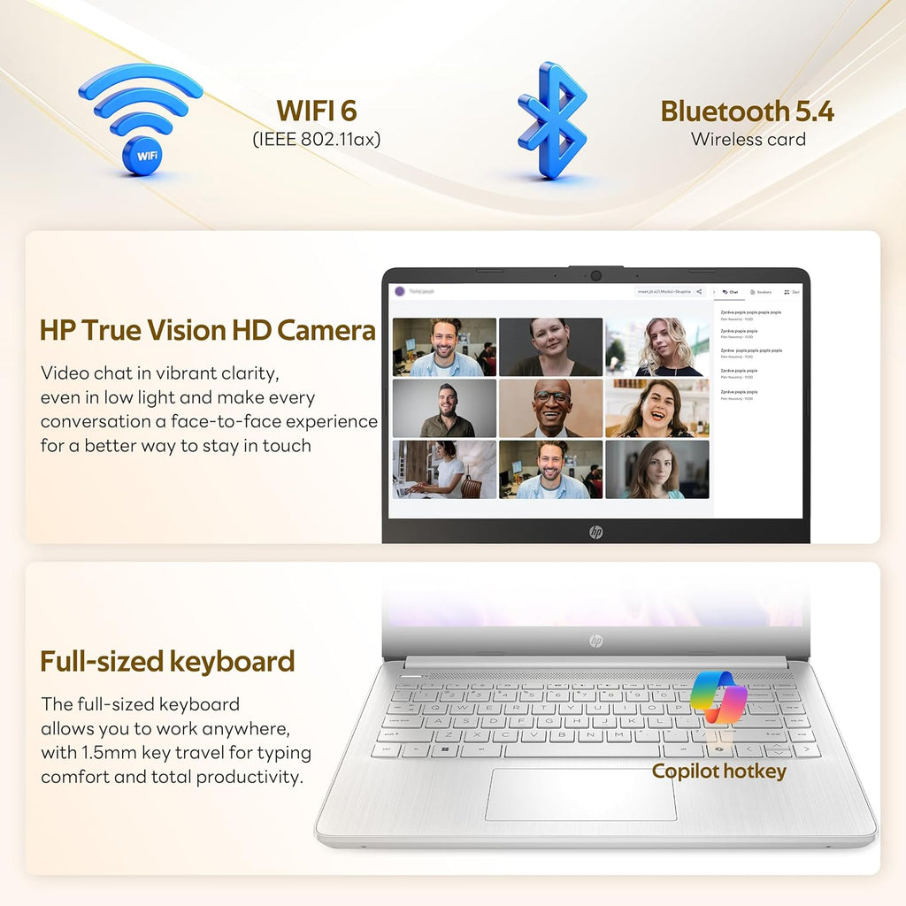 Ordinateur compact portable HP Stream 14 HD avec AI Copilot, processeur Intel N150, 4 Go de RAM, 1,12 To de stockage (128 Go UFS + station d'accueil de 1 To), carte graphique Intel, abonnement d'un an à Office 365, Wi-Fi 6, Windows 11, argent