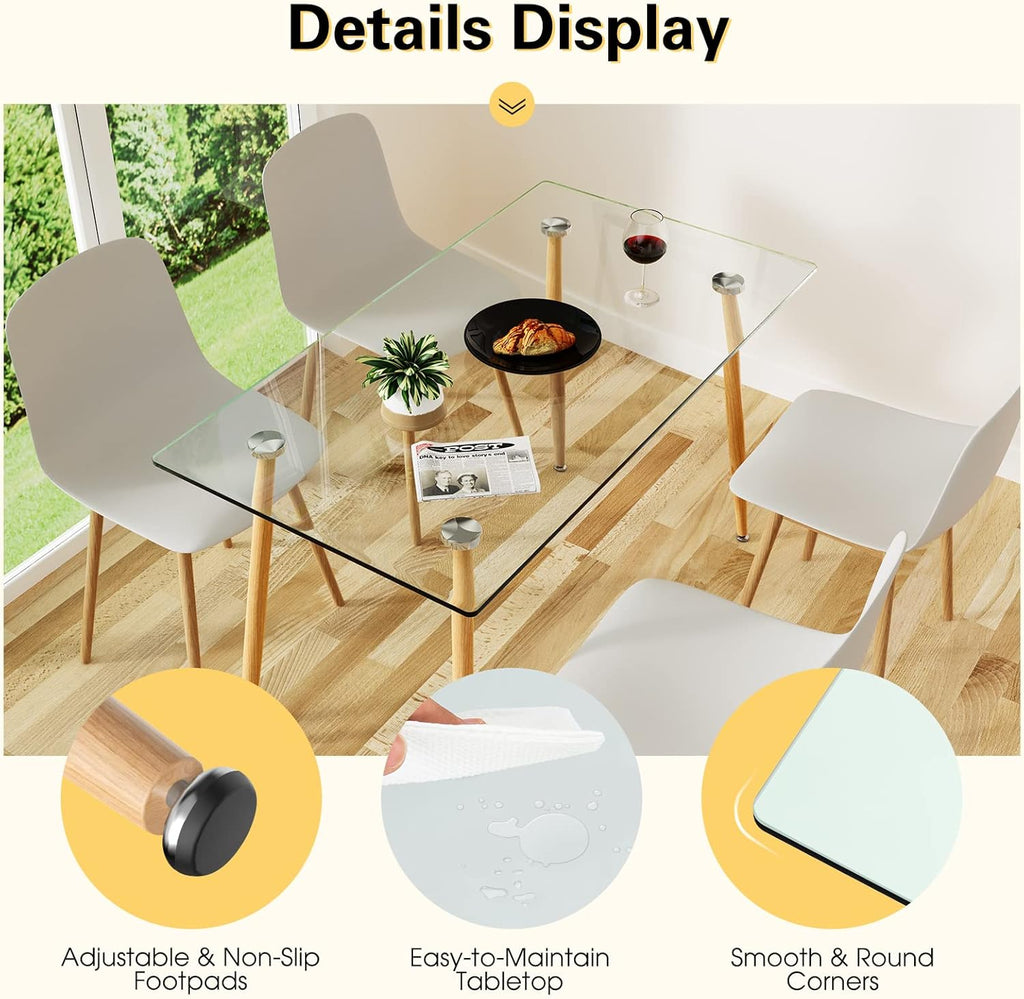 Table de salle à manger rectangulaire moderne en verre COSTWAY de 130 cm (51 pouces), dotée de pieds en acier imitation bois et plateau spacieux. Idéale pour la maison, le bureau ou la salle d'étude.