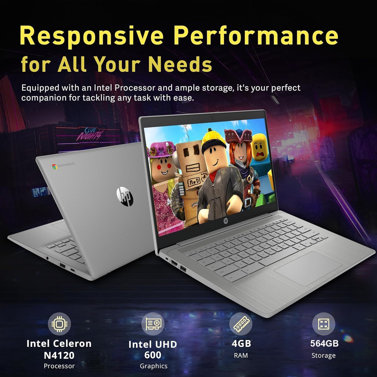 Ordinateur compact portable HP Chromebook 14 HD Premium pour étudiants et professionnels : processeur quadricœur Celeron N4120, 4 Go de RAM, 564 Go de stockage (64 Go eMMC + 500 Go extensible), webcam, batterie longue durée, Chrome OS + accessoires