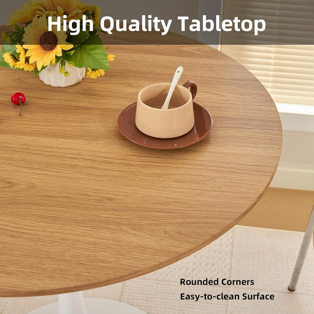 Table de salle à manger ronde, table tulipe circulaire de 80 cm dotée de plateau épais et pied en métal, table bistro moderne du milieu du siècle pour cuisine, petits espaces, salon, café (imitation chêne)