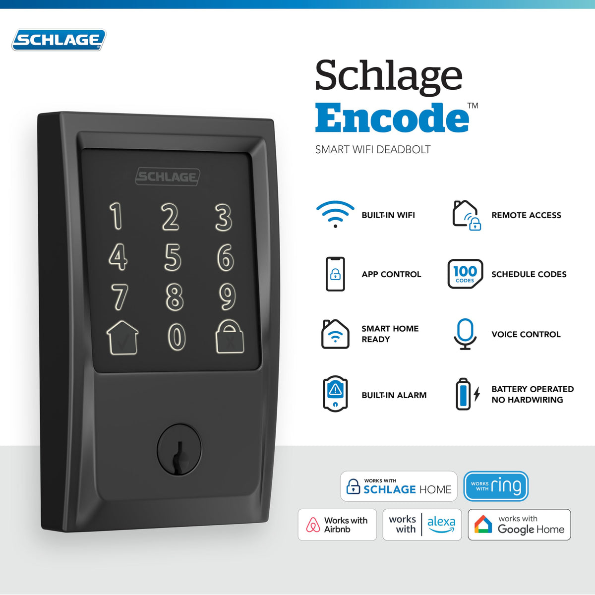 Serrure de sécurité intelligente SCHLAGE doté de clavier tactile Wi-Fi