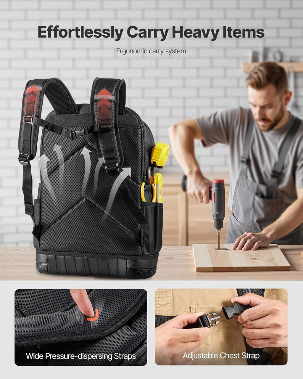 Sac à dos VEVOR pour outils, 65 poches, organisateur de rangement robuste avec compartiment pour ordinateur compact portable et fond moulé, sac à dos de chantier pour électriciens, réparateurs et techniciens CVC.