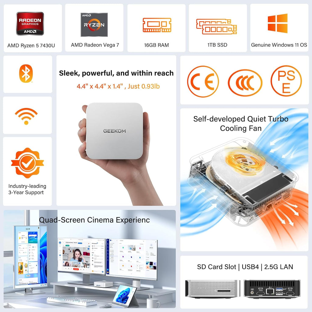 Mini PC GEEKOM A5 Pro (2026) doté de processeur AMD Ryzen 5 7430U, 16 Go de RAM DDR4 (extensible à 96 Go, non LPDDR), SSD NVMe de 1 To, Windows 11 Pro, compatible doté de 4 écrans, 8K, Wi-Fi 6 et 6 ports USB, garantie de 3 ans.