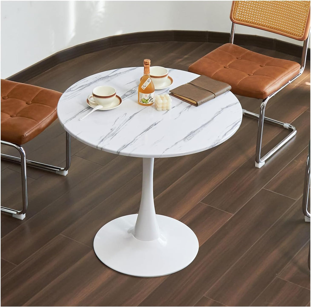 Table de salle à manger ronde, table tulipe circulaire de 80 cm dotée de plateau épais et pied en métal, table bistro moderne du milieu du siècle pour cuisine, petits espaces, salon, café (motif marbre blanc)