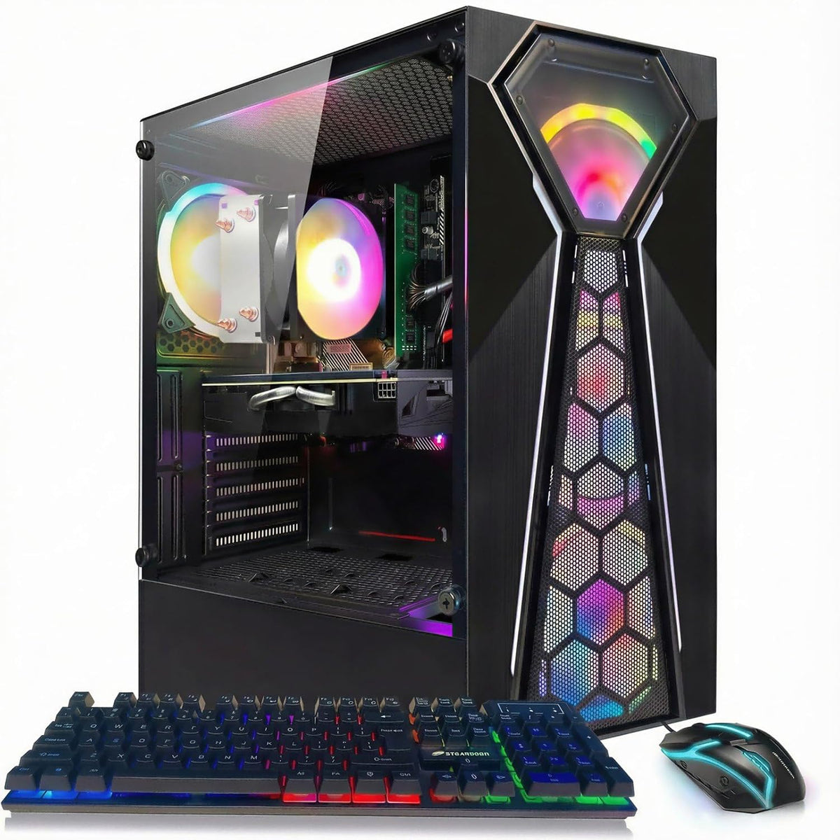 Ordinateur de bureau gaming STGAubron : processeur AMD Ryzen 3 3200G 3,6 GHz, carte graphique Radeon RX 580 (8 Go ou 16 Go de RAM), SSD 512 Go, Wi-Fi 6, Bluetooth 5.0, 4 ventilateurs RGB, Windows 11 Famille. – Modèle pratique