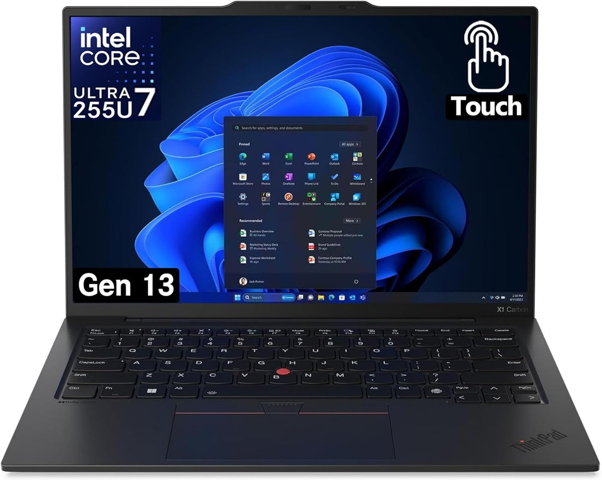 Ordinateur compact portable Lenovo ThinkPad X1 Carbon tactile de 13e génération, processeur Intel Ultra 7 265U, écran 14 pouces WUXGA 100 % sRGB, 32 Go de RAM DDR5, SSD NVMe haute performance de 1 To, webcam FHD+ IR+ RGB et Windows 11 Professionnel.