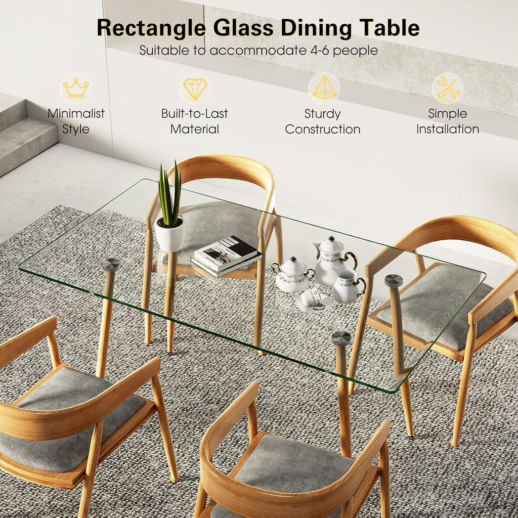 Table de salle à manger rectangulaire moderne en verre COSTWAY de 130 cm (51 pouces), dotée de pieds en acier imitation bois et plateau spacieux. Idéale pour la maison, le bureau ou la salle d'étude.