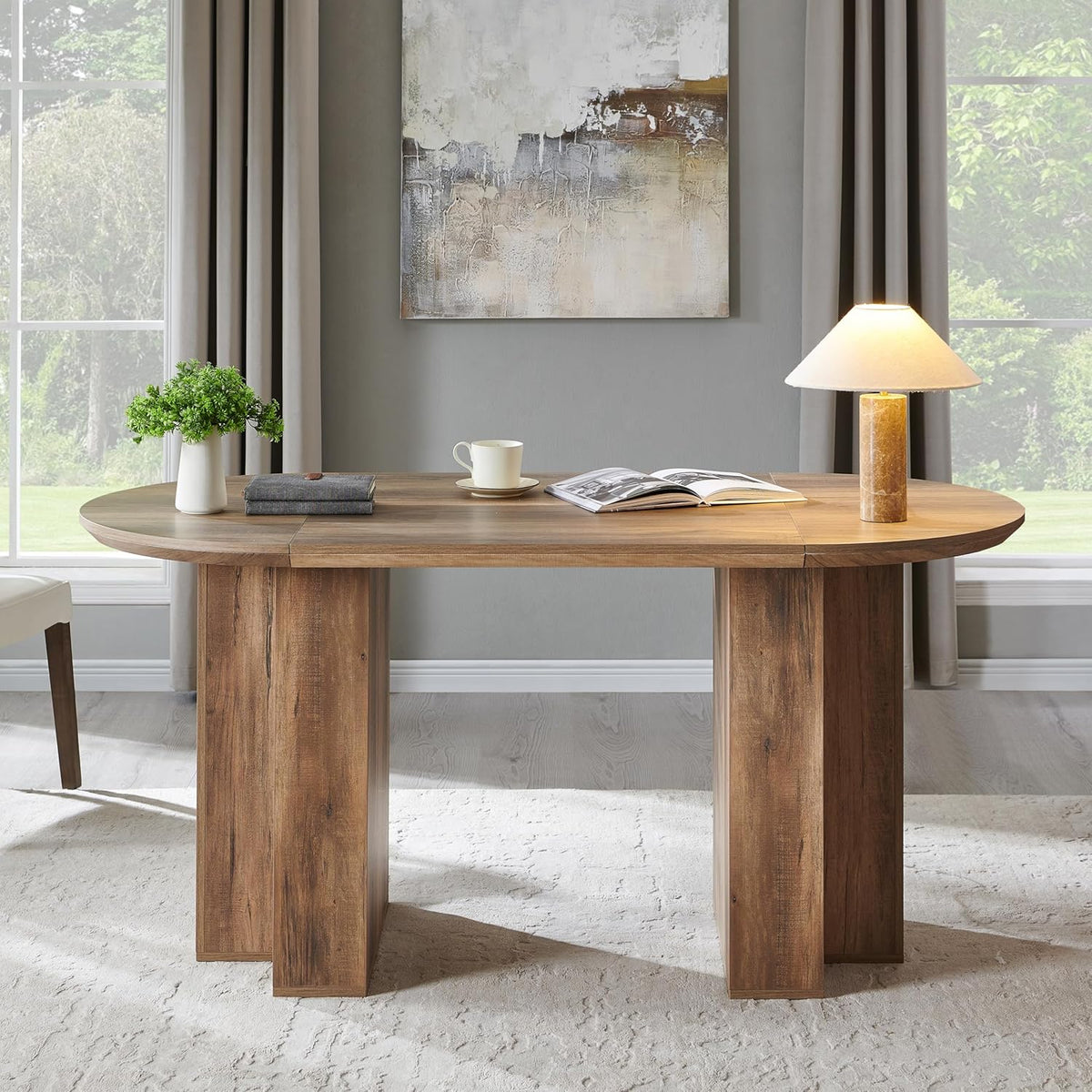 Table de salle à manger ovale moderne en bois OKD de 160 cm (63 pouces) pour 4 à 6 personnes, dotée de piètement stable en forme de T, structure en métal et plateau épais. Table de cuisine robuste idéale pour la salle à manger, la cuisine ou les réun