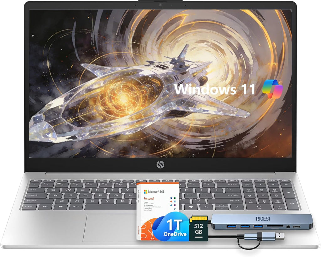 Ordinateur compact portable HP 15,6 pouces – Solution de productivité complète : Windows 11 avec Microsoft Office, processeur Intel Core N100 quadricœur, 8 Go de RAM, 640 Go de stockage (128 Go UFS + carte SD de 512 Go), Copilot AI, léger – Argent