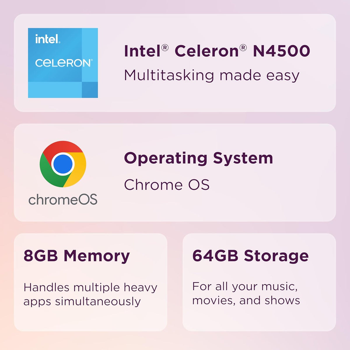 Chromebook Lenovo IdeaPad 3i, écran FHD 15,6 pouces, processeur Intel Celeron N4500, 8 Go de RAM, 64 Go de stockage eMMC, résolution 1920 x 1080 pixels, webcam 720p, Chrome OS, bleu abysse
