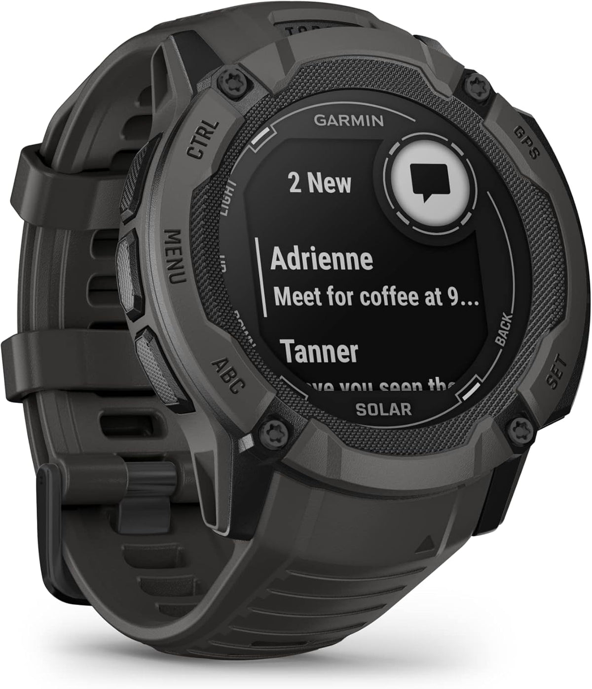 Présentation : Montre connectée GPS robuste Garmin Instinct 2X Solar avec lampe torche intégrée, recharge solaire, GNSS multibande et boîtier graphite.