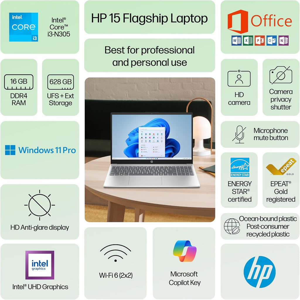 Ordinateur compact portable HP 2025, fleuron professionnel ultra-fin, suite Office à vie, optimisé par l'IA, écran HD 15,6 pouces, processeur Intel i3 à 8 cœurs, 16 Go de RAM, 628 Go de stockage (128 Go UFS + 500 Go extensible), Wi-Fi 6, Copilot