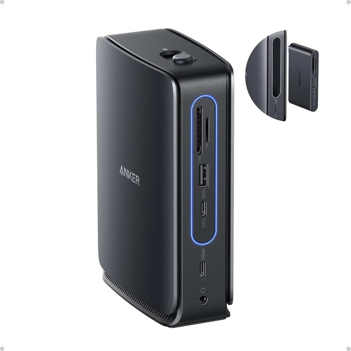 Station d'accueil pour ordinateur compact portable Anker Nano avec hub détachable 13-en-1, triple affichage USB-C, 2 ports HDMI + 1 port DP, USB-C 10 Gbit/s, 3 ports USB-A, audio, lecteur de cartes SD/TF, Ethernet, alimentation 100 W max. Compatible