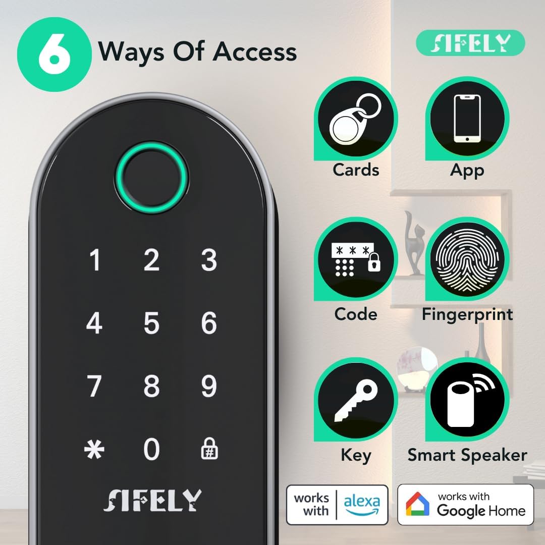 Serrure de porte intelligente doté de Wi-Fi intégré, empreinte digitale, poignée et clavier – Accès à distance et verrouillage automatique, entrée sans clé pour un usage domestique, les locations Airbnb et autres, déverrouillage 6 en 1 …