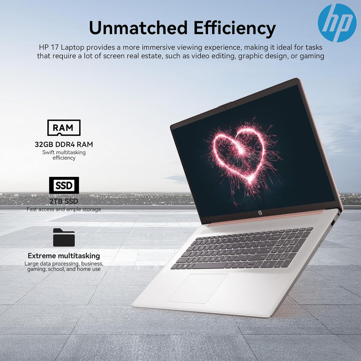 Ordinateur compact portable HP 17 : grand écran HD+ de 17,3 pouces, idéal pour les professionnels. Processeur Intel Core i5 de 13e génération (10 cœurs), Windows 11 Pro, clavier rétroéclairé, lecteur d'empreintes digitales, finition or rose, 32 Go