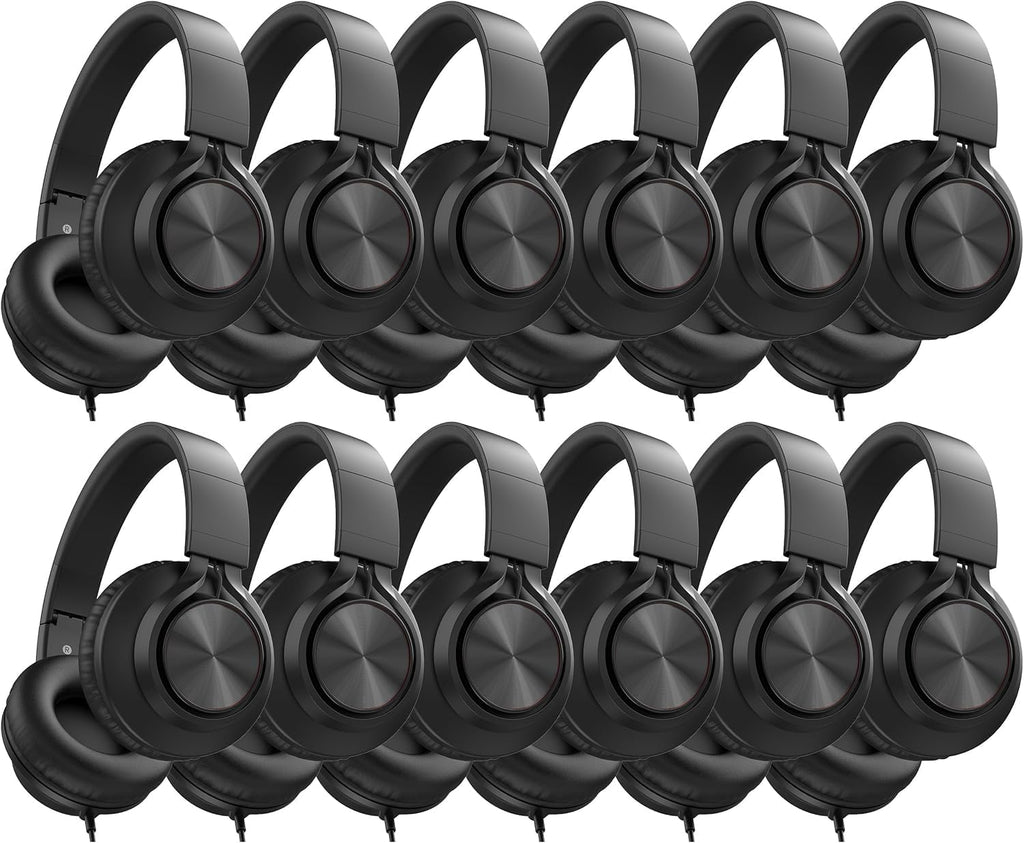 AILIHEN Casque audio filaire pour l'école, lot de 12 casques avec microphone pour les élèves du primaire et du secondaire, compatible avec Chromebook, ordinateur et ordinateur compact portable (noir), prise jack 3,5 mm