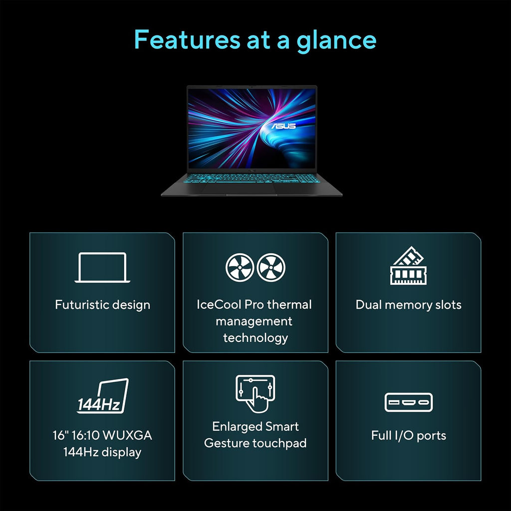 Ordinateur compact portable de jeu ASUS V16 16" WUXGA 144 Hz, Intel® Core™ 7 240H, RTX™ 5070, 16 Go de RAM DDR5, SSD de 1 To, V3607VP-DS74, Noir mat