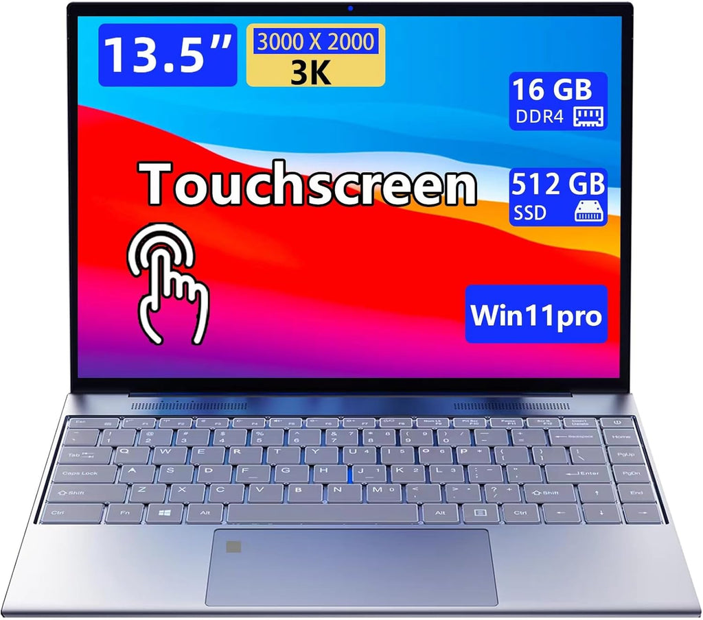 Ordinateur compact portable Morostron 13,5 pouces à écran tactile (16 Go de RAM, SSD de 512 Go), écran IPS 3K (3000 × 2000), processeur Celeron N5095 jusqu'à 2,9 GHz, clavier rétroéclairé, déverrouillage par empreinte digitale, Windows 11