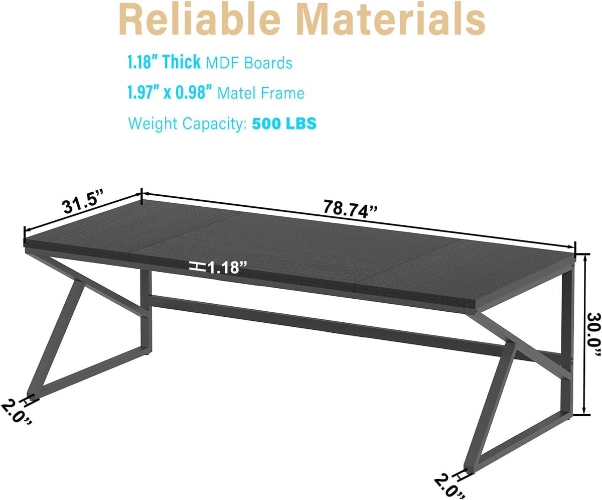 Bureau d'ordinateur HSH extra long noir, 198 cm (78 pouces), grand bureau pour deux personnes à domicile, style industriel, en métal et bois, idéal pour le travail de direction, l'écriture et les études. Table moderne noire pour PC compact portable