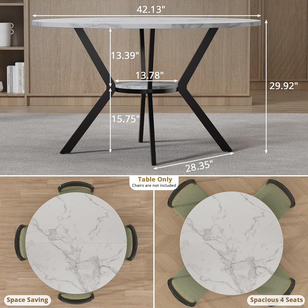 Table ronde de 107 cm (42 pouces) pour 2 à 4 personnes, table de cuisine moderne dotée de plateau en imitation marbre et pieds en métal, table ronde gain de place avec rangement, table en bois pour cuisine et salle à manger.